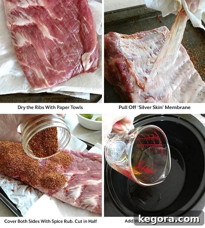 Four process images showing how to prepare ribs: drying with paper towels, removing the silver skin membrane, rubbing with seasonings, and adding liquid to the slow cooker