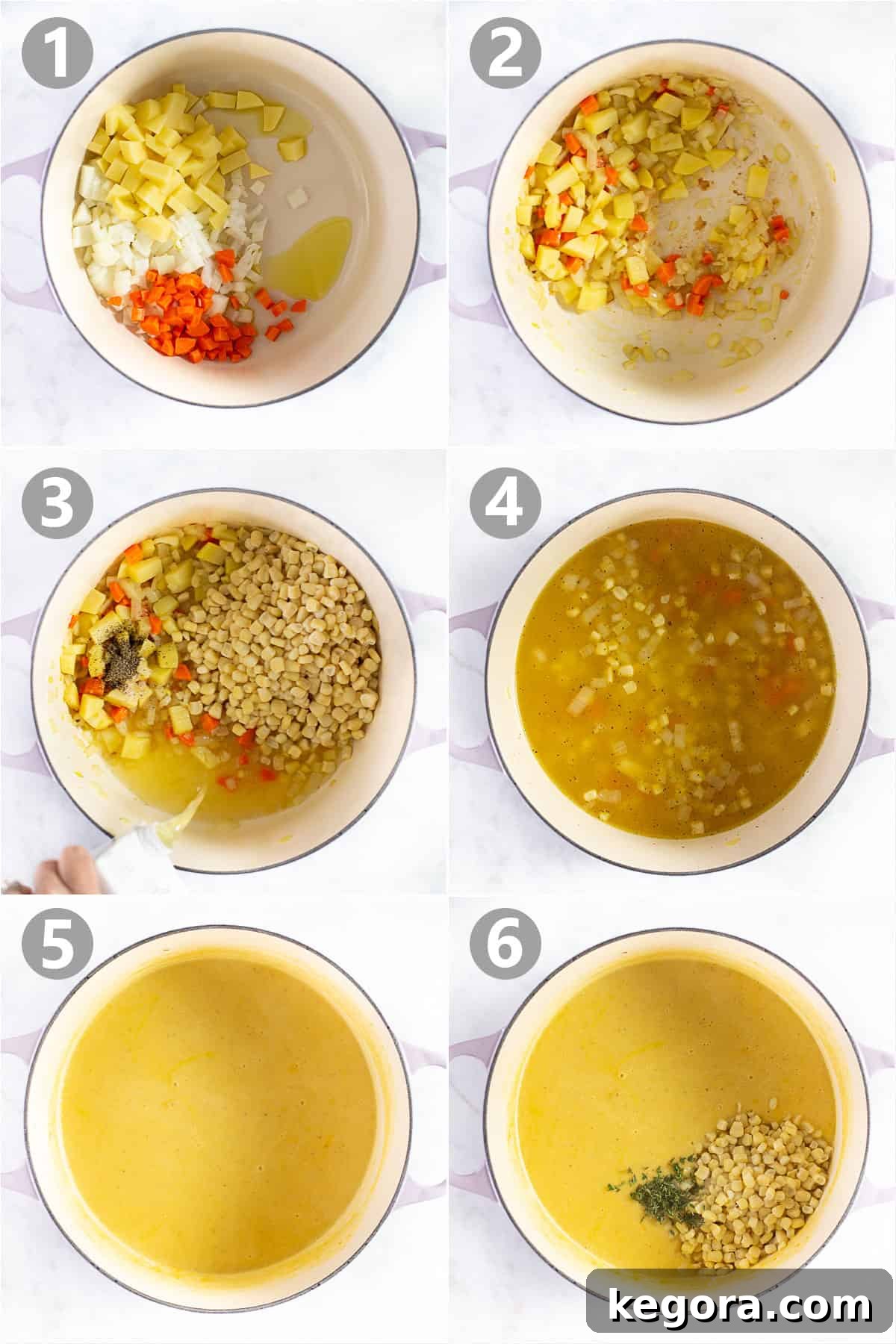 Step-by-step photos illustrating the process of making sweet corn soup from sautéing to blending.