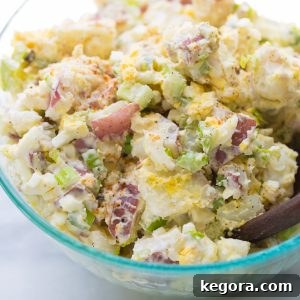 The Best Homemade Potato Salad in a white bowl, garnished with fresh herbs.