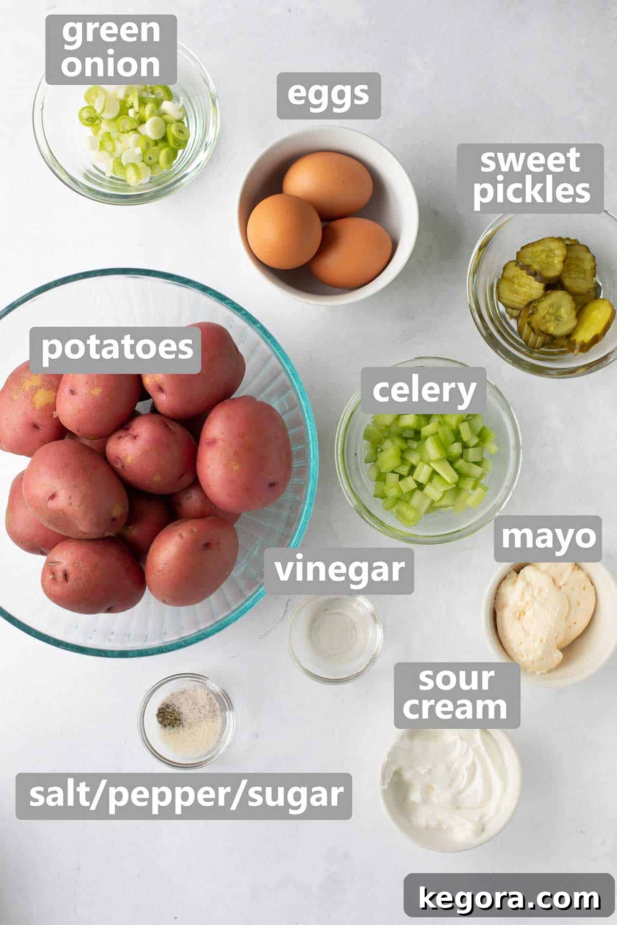 The Ultimate Potato Salad 2 Overhead shot of fresh ingredients for creamy potato salad including red potatoes, green onions, celery, eggs, mayonnaise, and sweet pickles.