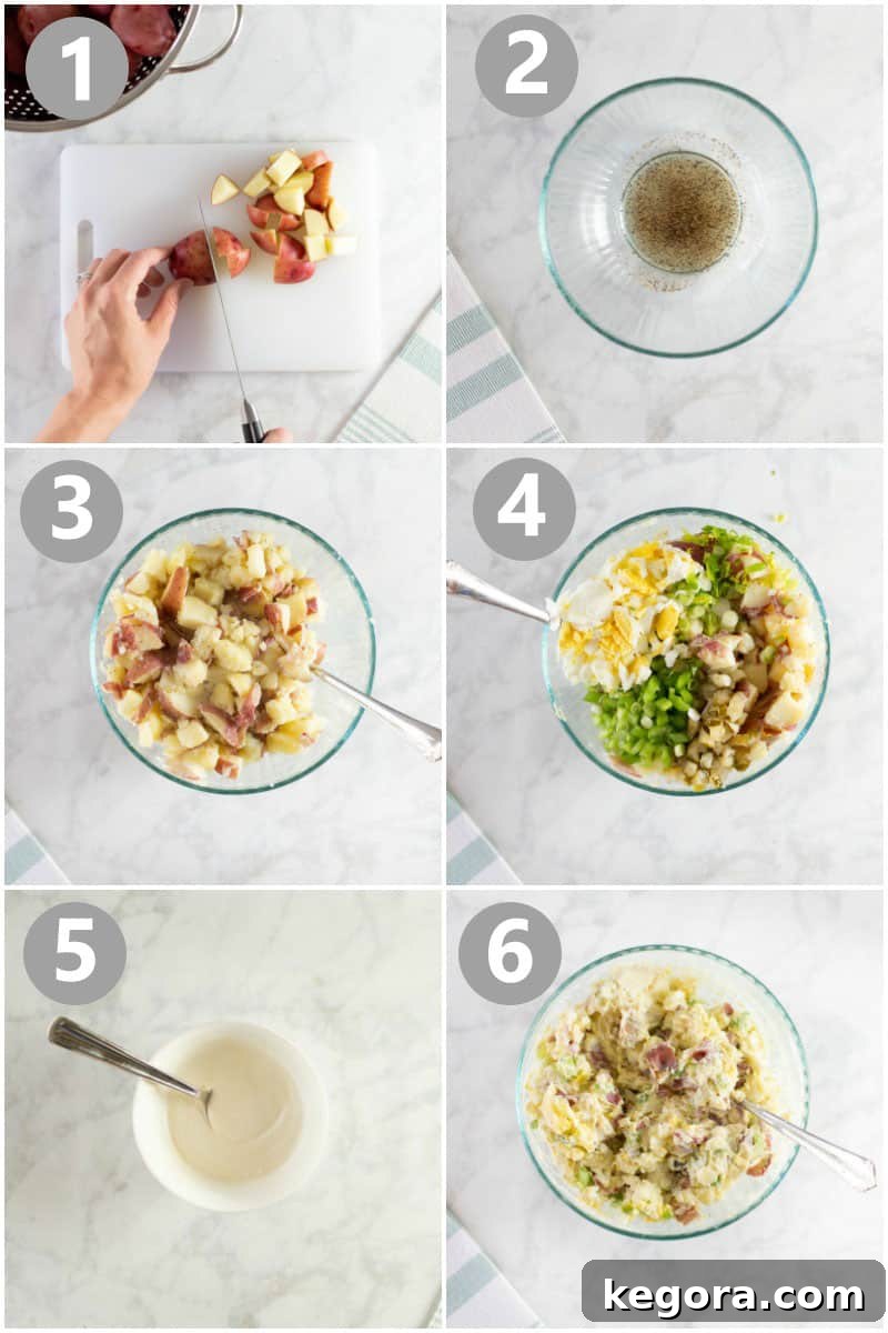 How to Make Potato Salad Step-by-step photos showing the process of making creamy red potato salad.
