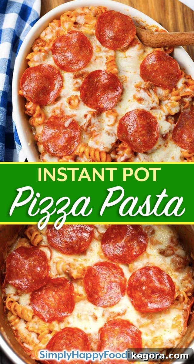 Instant Pot Pizza Pasta Casserole is a delicious, hearty one-pot meal. You can make this pressure cooker pizza pasta casserole with your favorite pizza toppings, and in under an hour! Instant Pot recipes by simplyhappyfoodie.com #instantpotpizzapasta #pressurecookerpizzapasta