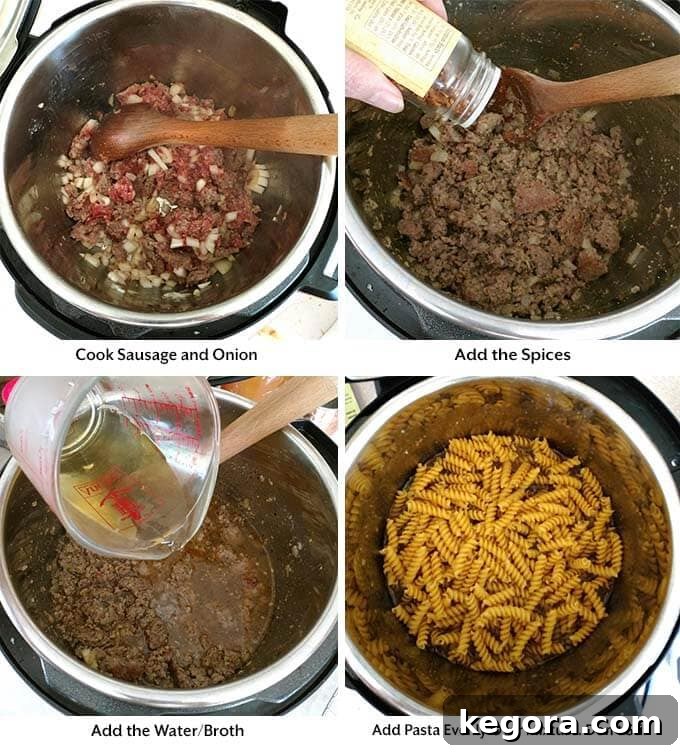 Instant Pot Cheesy Pizza Pasta Bake 3 four process images showing the cooking of the sausage and onions, then adding the spice, liquid, and pasta into a pressure cooker pot