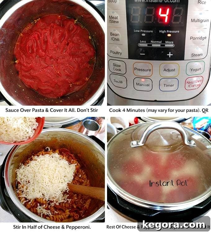 Instant Pot Cheesy Pizza Pasta Bake 4 four process images showing covering the pasta with sauce, setting the cook time, adding in the cheese and pepperoni, and covering the pot to allow the cheese to melt