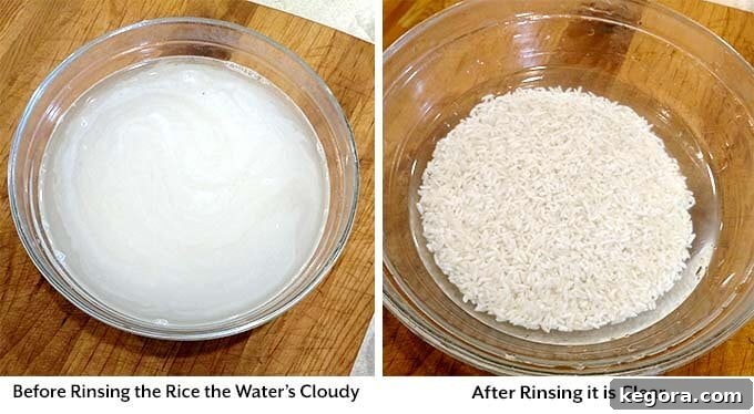 Foolproof Instant Pot White Rice 3 Two process images demonstrating the rinsing of rice: the first shows cloudy water with rice in a glass bowl, and the second shows clear water after thorough rinsing.