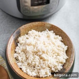 White Rice in a brown stoneware bowl in front of a pressure cooker