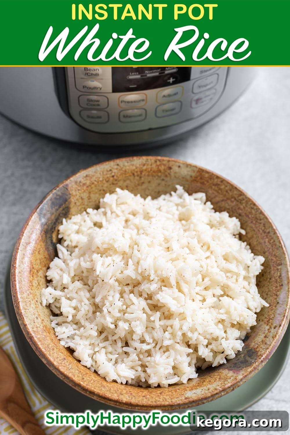 Foolproof Instant Pot White Rice 7 Instant Pot White Rice is an easy way to cook a pot of long grain white rice. You can control how done it gets, and this method of making rice is fairly hands-off. Pressure cooker rice is a good base for other recipes, so you can make a big batch to have on hand! Easy Instant Pot recipes by simplyhappyfoodie.com #instantpotrice #instantpotwhiterice