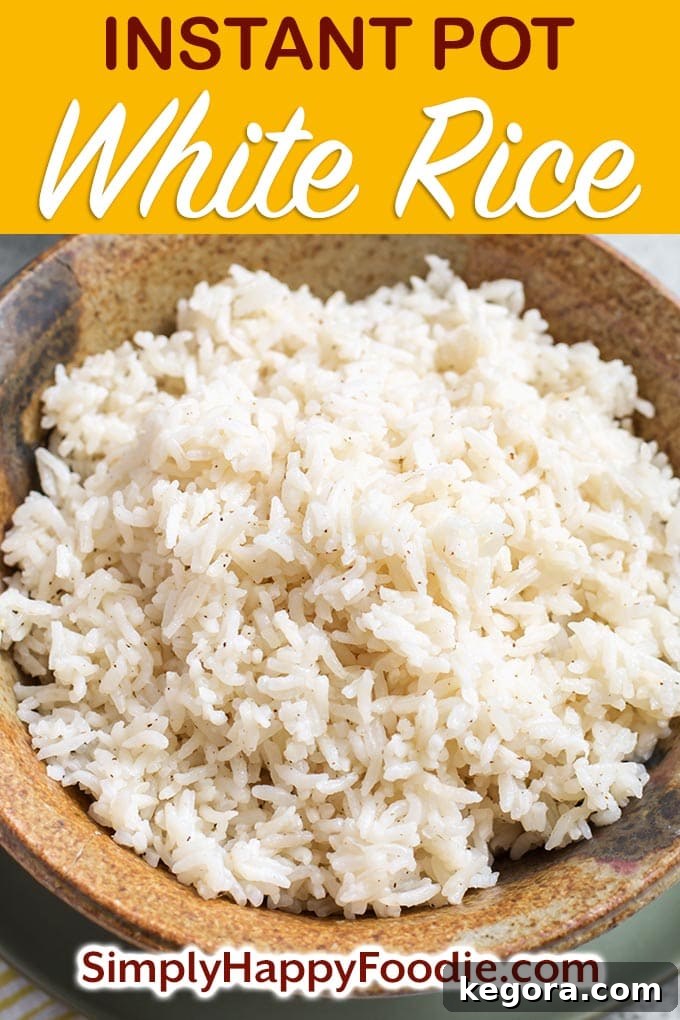 Instant Pot White Rice is an easy way to cook a batch of long grain white rice. You can control how done it gets, and this is a method of making rice that is fairly hands-off. Pressure cooker rice is also a good base for other recipes, so make a big batch to have on hand! Instant Pot recipes by simplyhappyfoodie.com #instantpotrice #instantpotwhiterice