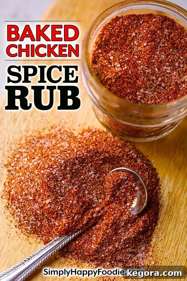 Mouthwatering Chicken Roast Blend 7 A visually striking Pinterest-ready graphic for 'Baked Chicken Spice Rub', highlighting it as the perfect blend for flavorful, juicy chicken using common pantry spices from simplyhappyfoodie.com.