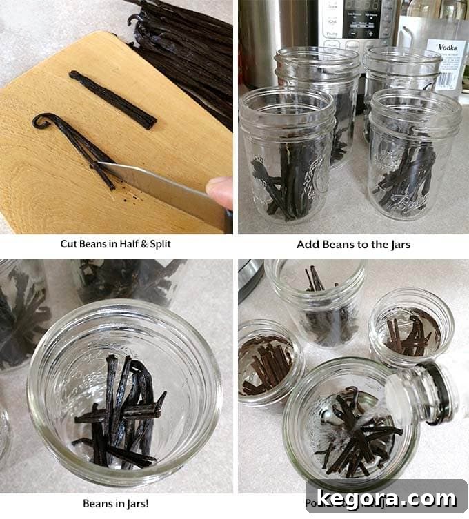 Four process images showing cutting vanilla beans, adding them to glass jars, and pouring vodka into jars, detailing the initial preparation for homemade vanilla extract.