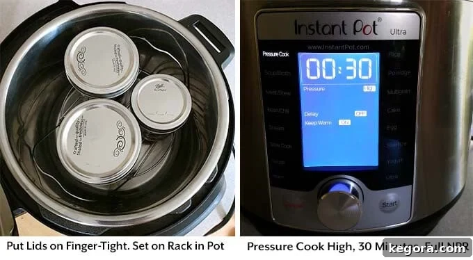 Two process images showing three canning jars on a trivet inside a pressure cooker, then setting the cook time on the pressure cooker, illustrating the Instant Pot preparation.