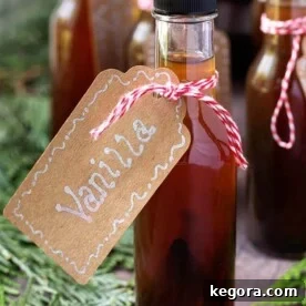 Small bottle of Vanilla Extract with a homemade tag, ready to be gifted.
