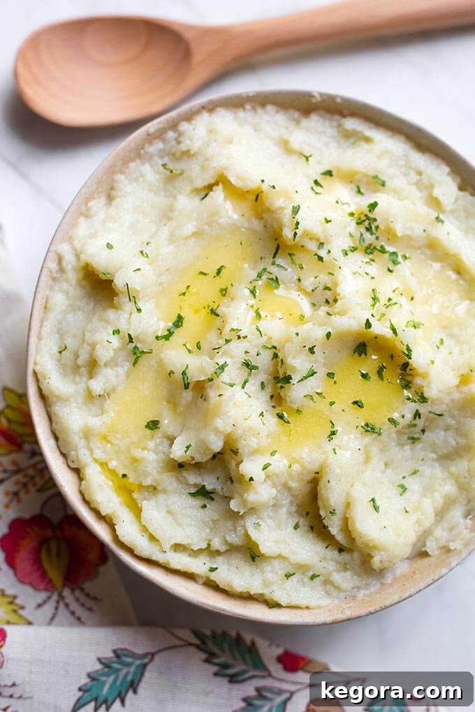 Mashed Cauliflower in a beige bowl