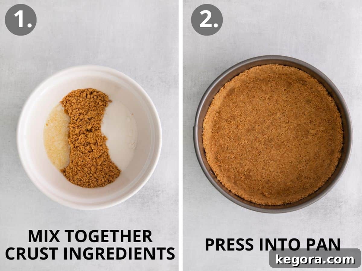 Crust ingredients in a bowl, with crushed graham crackers, and the prepared crust pressed into a cheesecake dish.