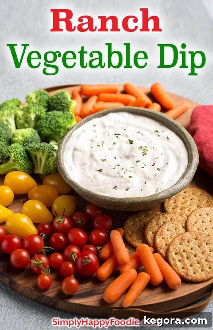 Visually appealing pin image for Pinterest featuring Ranch Vegetable Dip. The image prominently displays the dip in a bowl with fresh vegetables, overlaid with the recipe title 'Ranch Vegetable Dip' and the website logo 'simplyhappyfoodie.com'.