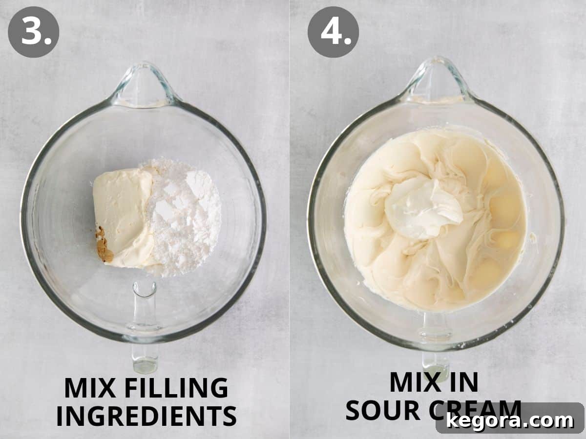 Two images: one showing gluten-free no-bake cheesecake ingredients in a large mixing bowl, and the other showing the same ingredients after sour cream has been mixed in to a smooth consistency.