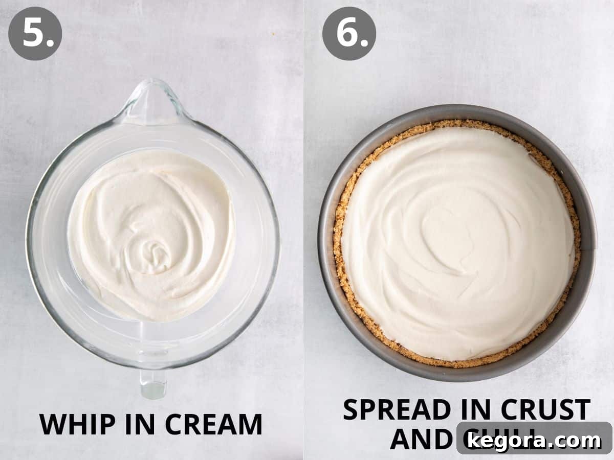 Two images: one displaying a bowl of whipped cream cheese mixture, and the other showing the smooth filling spread evenly into a pie dish with the crust.