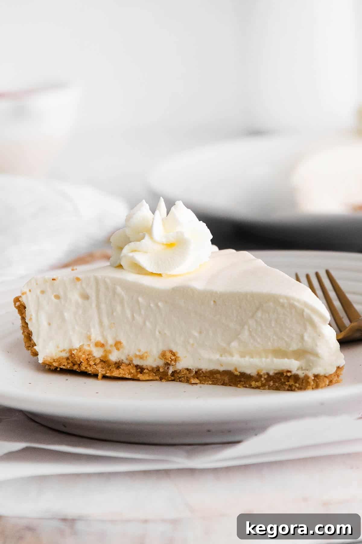 A beautiful slice of gluten-free no-bake cheesecake on a simple white plate, ready to be enjoyed.