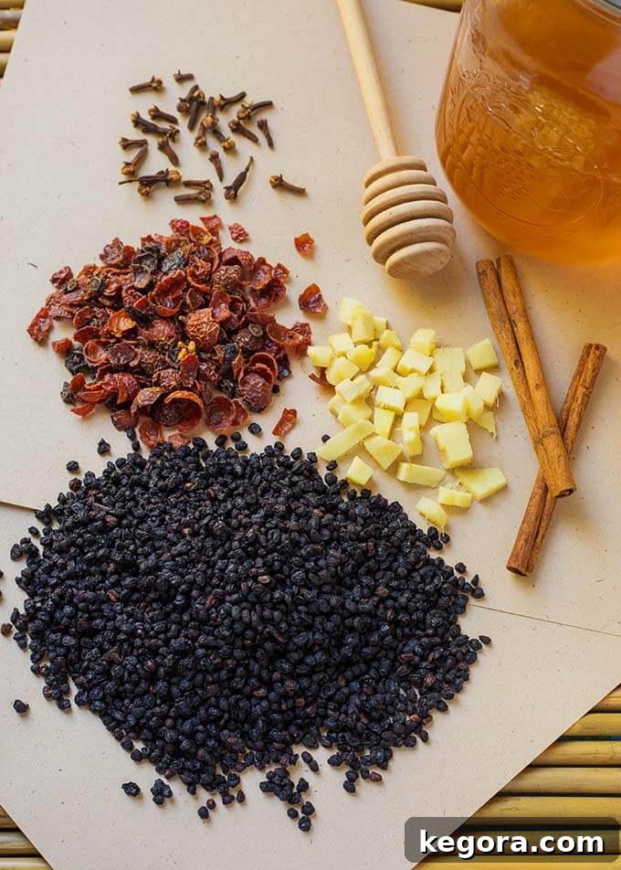 Elderberry Syrup ingredients on a cardboard background