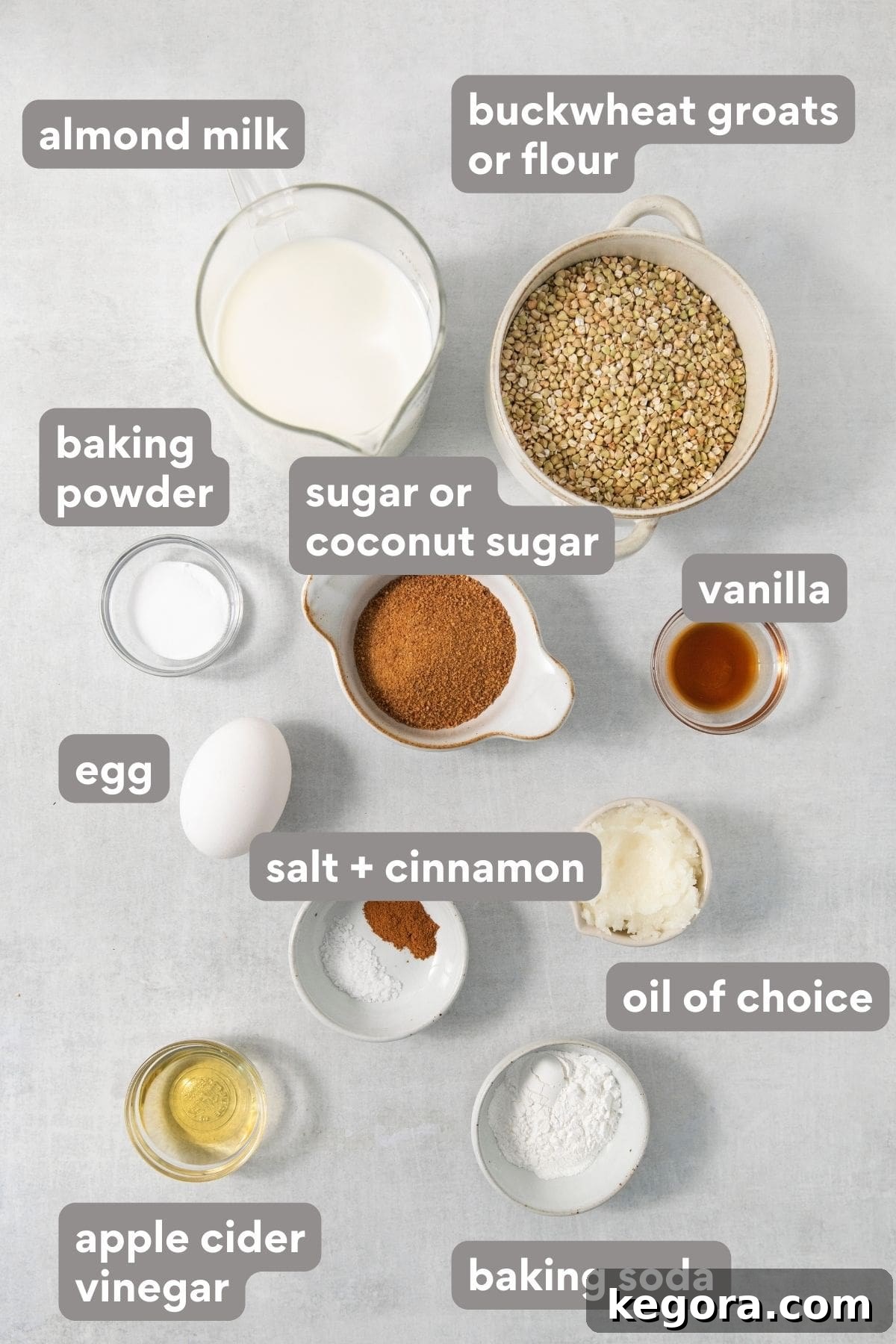 Wholesome Golden Buckwheat Waffles A Pure Delight 2 overhead shot of ingredients needed to make buckwheat waffles