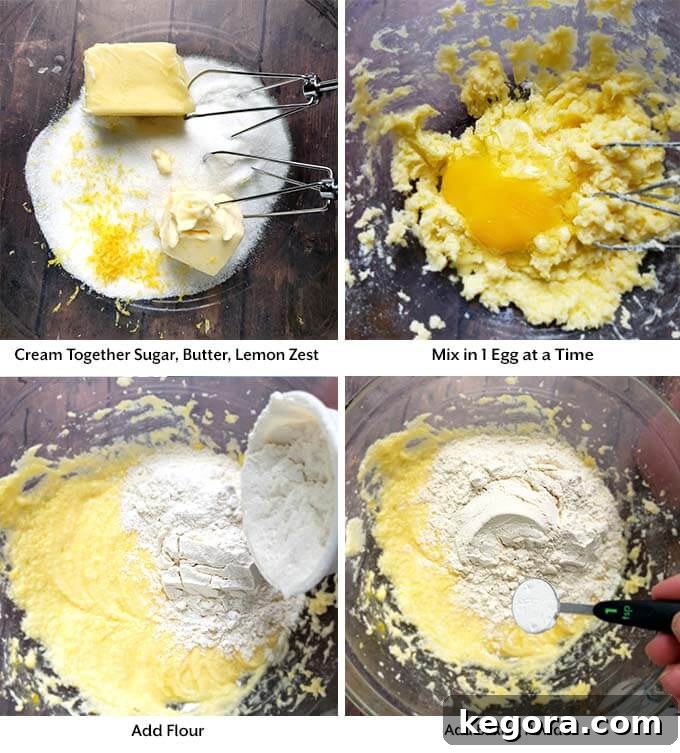 Four process images showing the creaming of the sugar, butter, and lemon zest then the addition of eggs, flour and baking powder