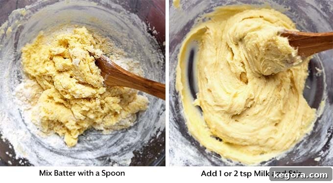 two process images showing the mixing of the batter before adding in milk