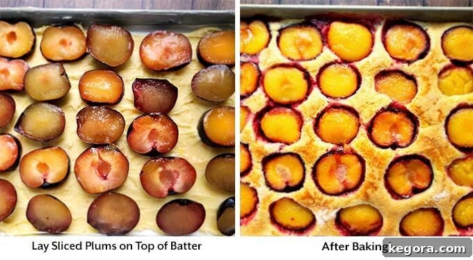 two process images showing sliced plums on the batter, one before and the other after baking