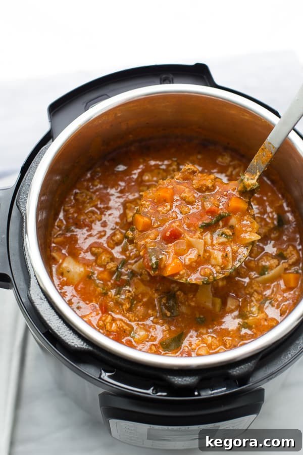 A delicious overhead shot of a bowl of Instant Pot Turkey Vegetable Lasagna Soup, garnished with fresh basil leaves and a dollop of ricotta, inviting diners to savor its hearty flavors.