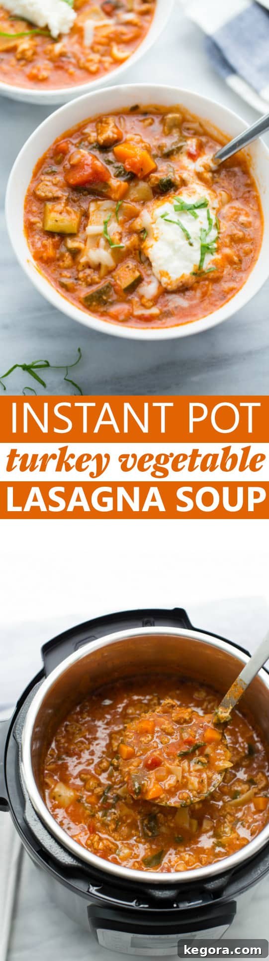 A large pot of Instant Pot Turkey Vegetable Lasagna Soup, still steaming after cooking, showing the rich texture and inviting aroma. Perfect for a hearty family meal.