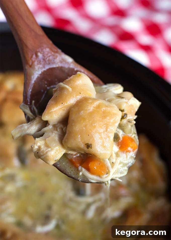 Easy Slow Cooker Chicken and Dumplings 5 Closeup of a wooden spoon full of Chicken and Dumplings over the slow cooker