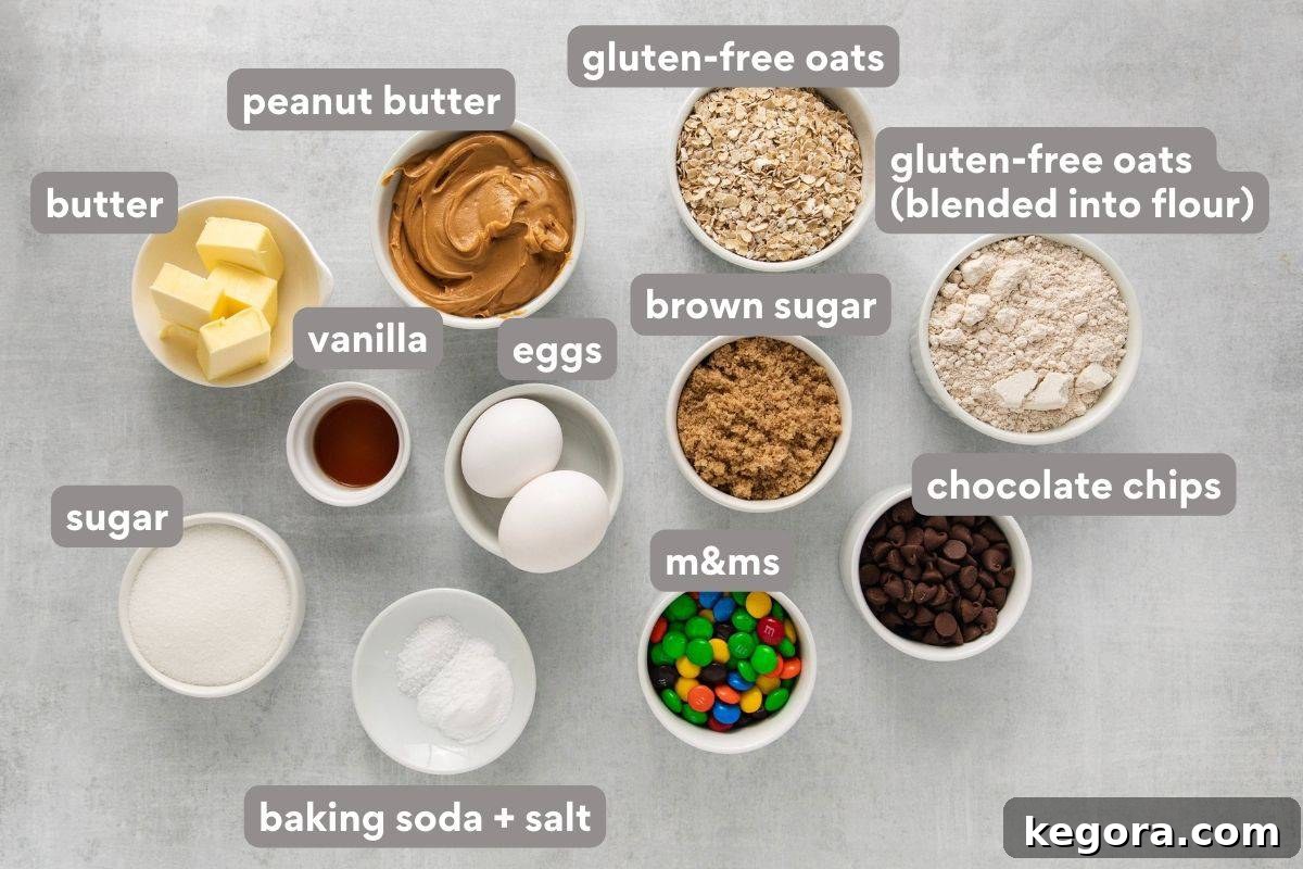 Epic Gluten-Free Monster Cookies 3 Overhead shot of all the key ingredients neatly arranged on a counter, ready to be used for making monster cookies.