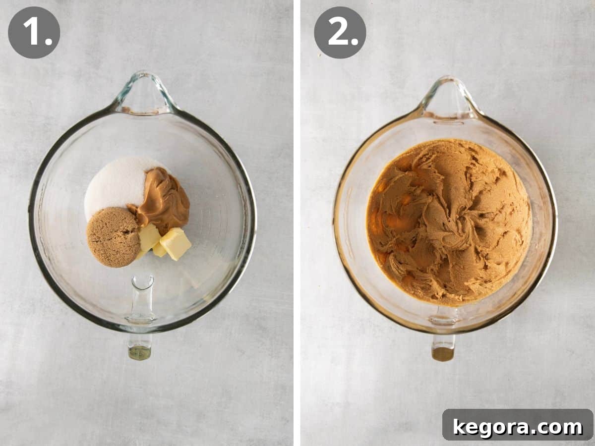 Epic Gluten-Free Monster Cookies 4 A glass bowl containing sugars and softened butter, next to a bowl where they are already mixed together to a light and creamy consistency.