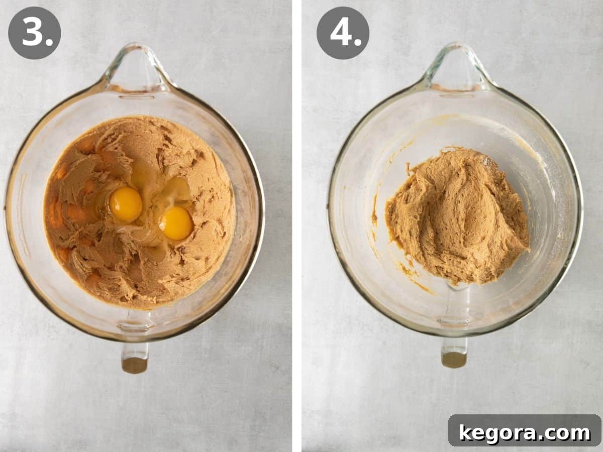 Epic Gluten-Free Monster Cookies 5 Eggs being added into the cookie dough mixture, followed by an image of the perfectly mixed, creamy dough.