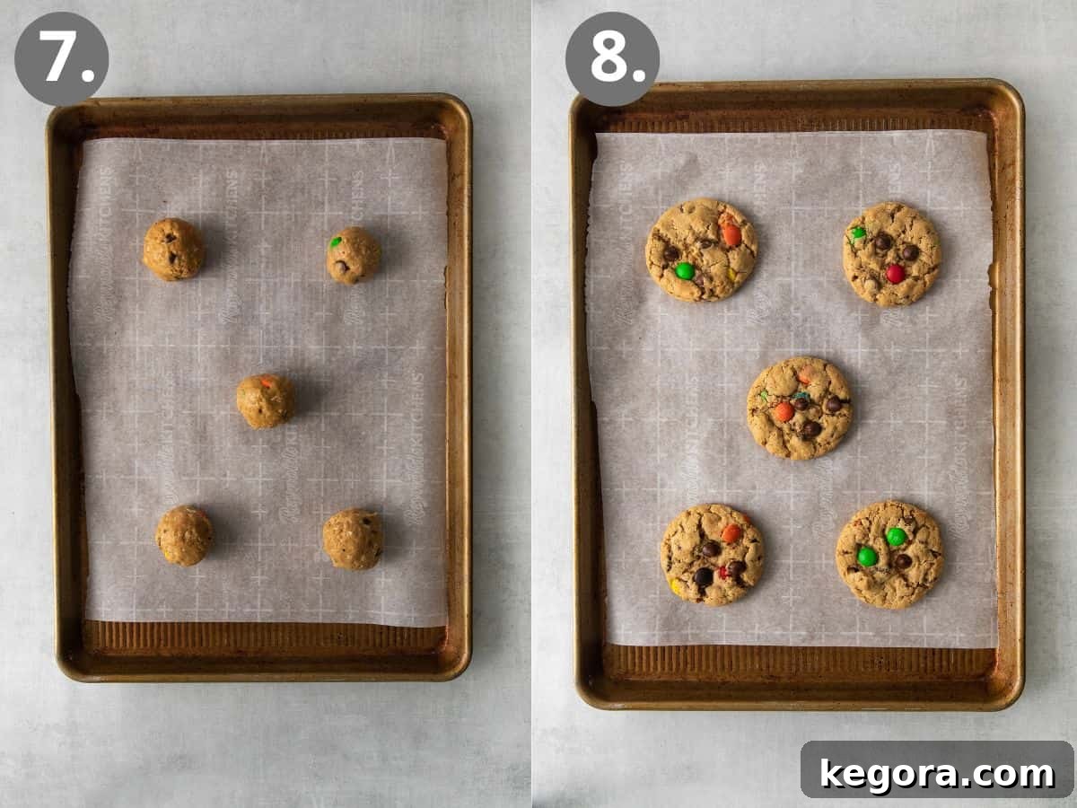 Epic Gluten-Free Monster Cookies 7 Monster cookie dough balls neatly arranged on a baking sheet, and a final shot of perfectly baked gluten-free monster cookies.