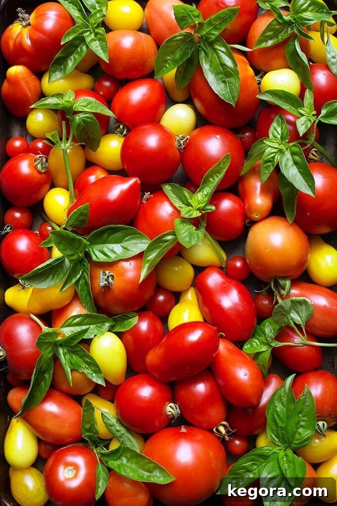 Several small red and yellow cherry tomatoes and fresh basil