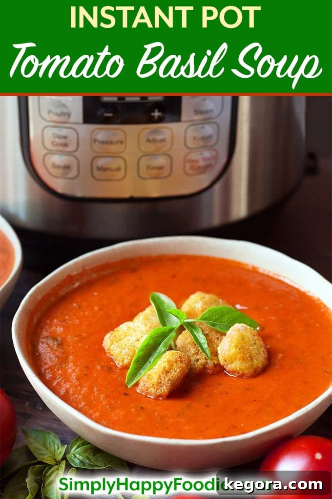 Instant Pot Fresh Tomato Basil Soup is the most delicious way to use up your summer bounty of garden fresh tomatoes and basil! We love the fresh, rich flavor of this pressure cooker tomato basil soup. Add some crispy croutons and you will have a healthy, tasty meal! You can roast your tomatoes and garlic together first for even more sweet tomato flavor in this Instant Pot tomato basil soup! simplyhappyfoodie.com #instantpottomatobasilsoup #instantpotfreshtomatosoup #instantpotsouprecipe #pressurecookertomatosoup