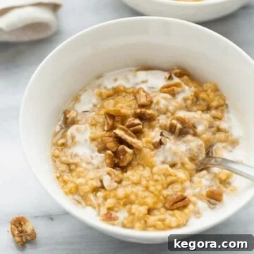 A serving of Instant Pot Creamy Pumpkin Maple Oatmeal in a circular dish.