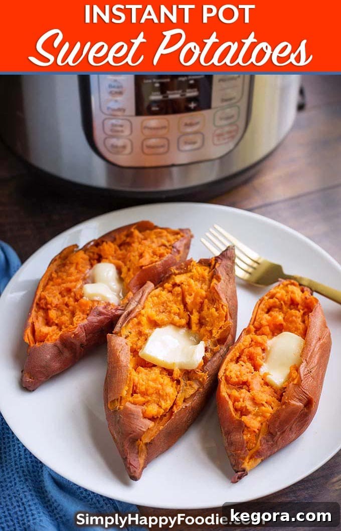 Tender Instant Pot Sweet Potatoes 3 Instant Pot Sweet Potatoes are delicious and healthy. Best of all, these pressure cooker sweet potatoes are so easy to make! Pile on your favorite toppings for a yummy vegetable side dish, or even a main course. Tasty Instant Pot Yams! simplyhappyfoodie.com #instantpotsweetpotatoes #pressurecookersweetpotatoes #instantpotyams #pressurecookeryams