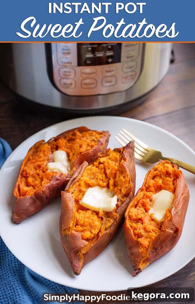 Instant Pot Sweet Potatoes are delicious, healthy, and so easy to make. Best of all, these pressure cooker sweet potatoes are fluffy and tasty! Pile on your favorite toppings for a yummy vegetable side dish, or even a main course. Instant Pot Sweet Potato or Instant Pot Yams, call it what you want! simplyhappyfoodie.com #instantpotsweetpotatoes #pressurecookersweetpotatoes #instantpotyams #pressurecookeryams