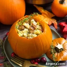 Instant Pot Harvest Stuffed Pumpkin 7 Stuffed pumpkin on a gray plate in front of fall leaves and a small pumpkin