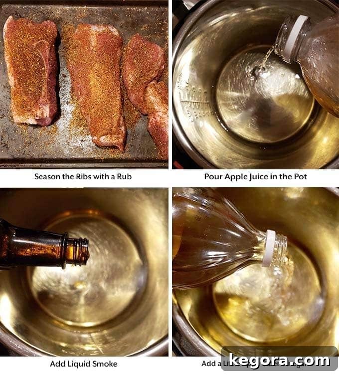 Four process images showing how to prepare Instant Pot Country Style Ribs: 1) seasoning the ribs with spice rub, 2) pouring apple juice into the Instant Pot, 3) adding liquid smoke, and 4) adding apple cider vinegar to the pot.