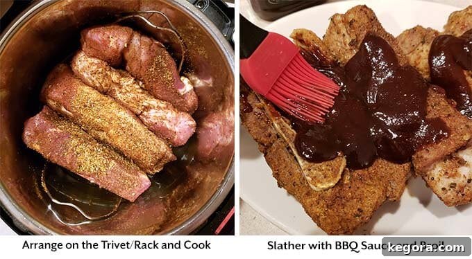 Two process images demonstrating the final steps for Instant Pot Country Style Ribs: 1) placing the seasoned ribs onto the trivet inside the pressure cooker, and 2) slathering the cooked ribs with barbecue sauce on a foil-lined baking pan.