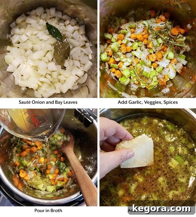 Effortless Instant Pot Minestrone Soup 4 Four process images showing the sauteing of onion, adding of garlic, veggies, spices, broth, and parmesan rind to a pressure cooker pot for Minestrone Soup
