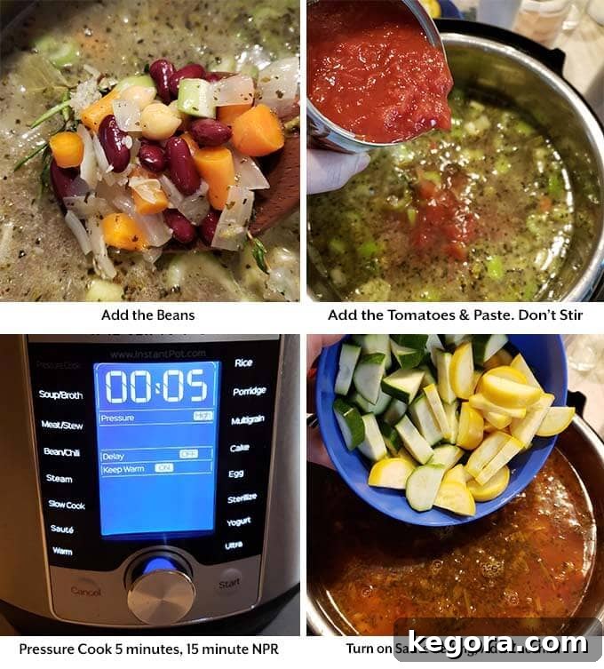 Effortless Instant Pot Minestrone Soup 5 Four process images showing the addition of beans, tomatoes, and paste, zucchini, and setting the cook time on the pressure cooker for Minestrone Soup