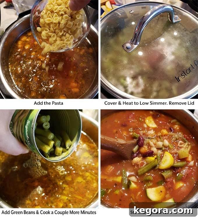 Four process images showing the addition of pasta, covering of pressure cooker, then the addition of green beans into Instant Pot Minestrone Soup