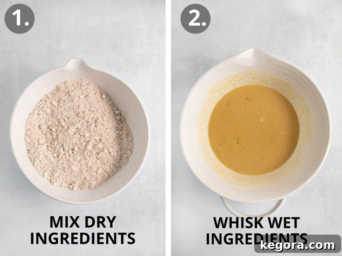 Step-by-step photos showing a medium bowl with whisked dry ingredients and a large bowl with whisked wet ingredients.