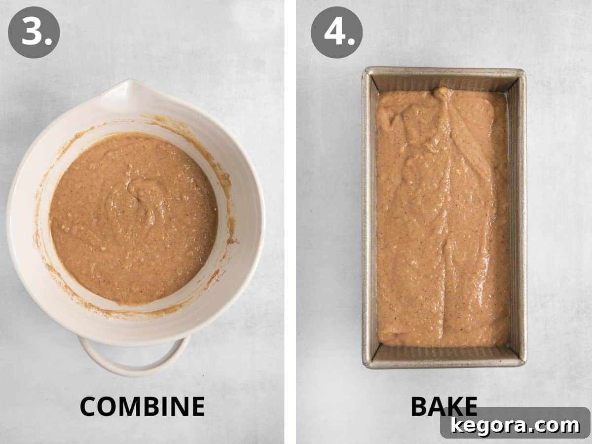 Step-by-step photos showing the dry and wet ingredients combined with a rubber spatula, and a baked loaf of applesauce bread cooling on a wire rack.
