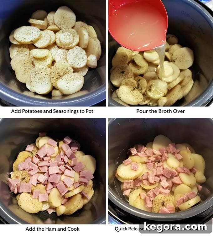 Four image process picture showing the addition of sliced potatoes, seasoning, broth, and ham to the Instant Pot pressure cooker