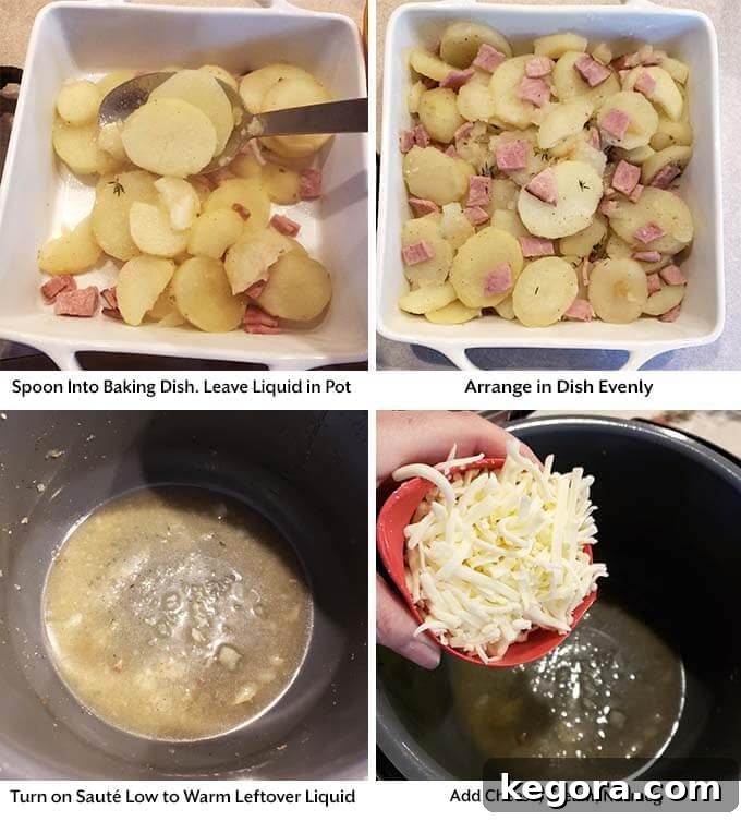 Four images showing the arranging of cooked potatoes and ham into a square white baking dish, then adding cheese into the liquid remaining in the Instant Pot
