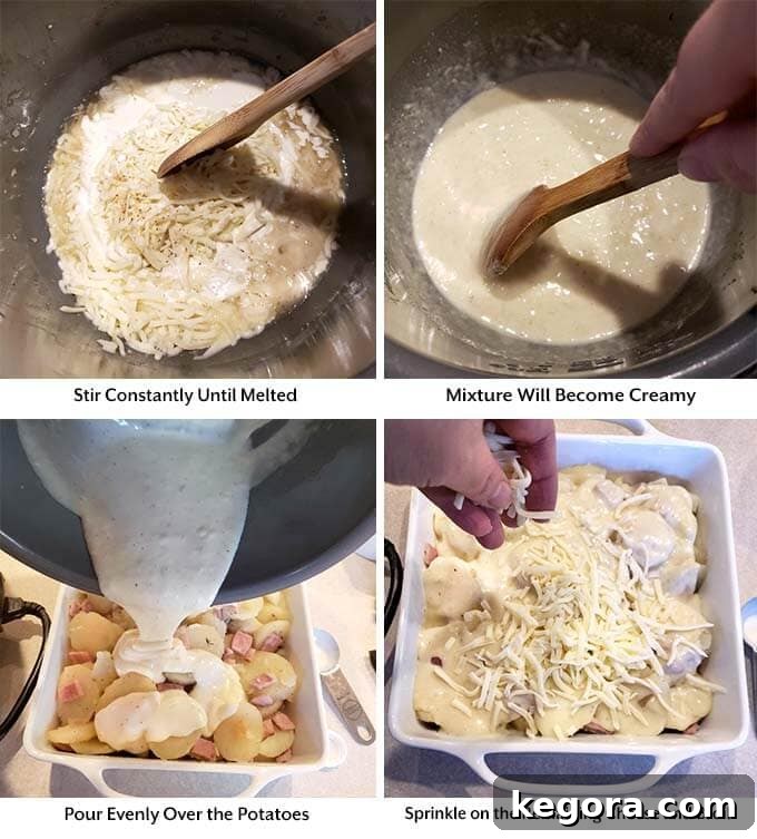 Four images showing a spoon mixing the Instant Pot cheese sauce and pouring it onto the potatoes in the square white baking dish, topping with remaining cheese